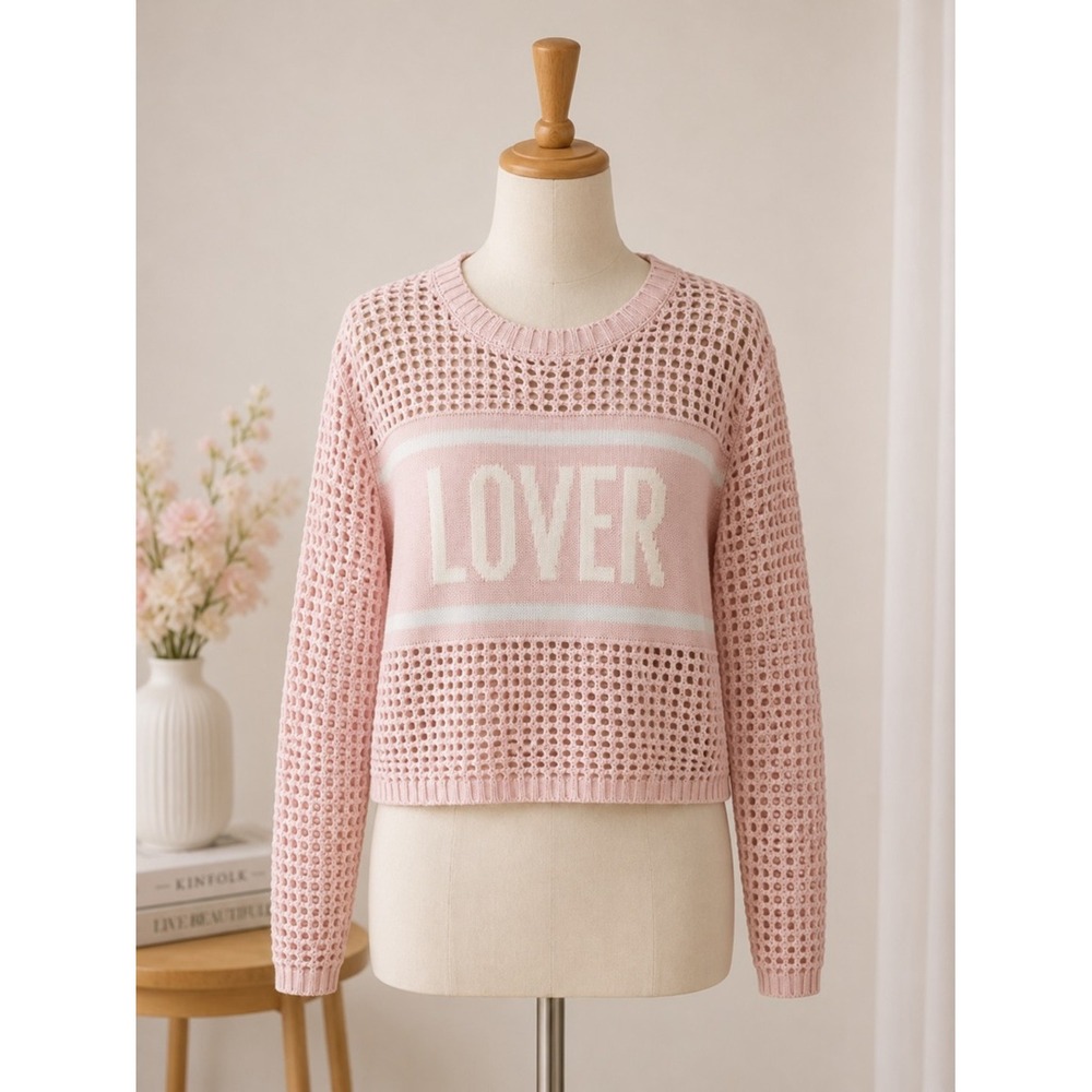 Hooked Up Womens Pink LOVER Graphic Open Knit Mesh Pullover Sweater Small NEW